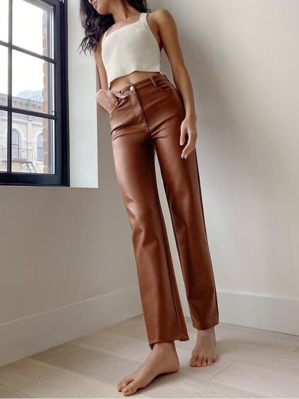 Aritzia Wilfred Melina Vegan Leather Pants Brown Cognac